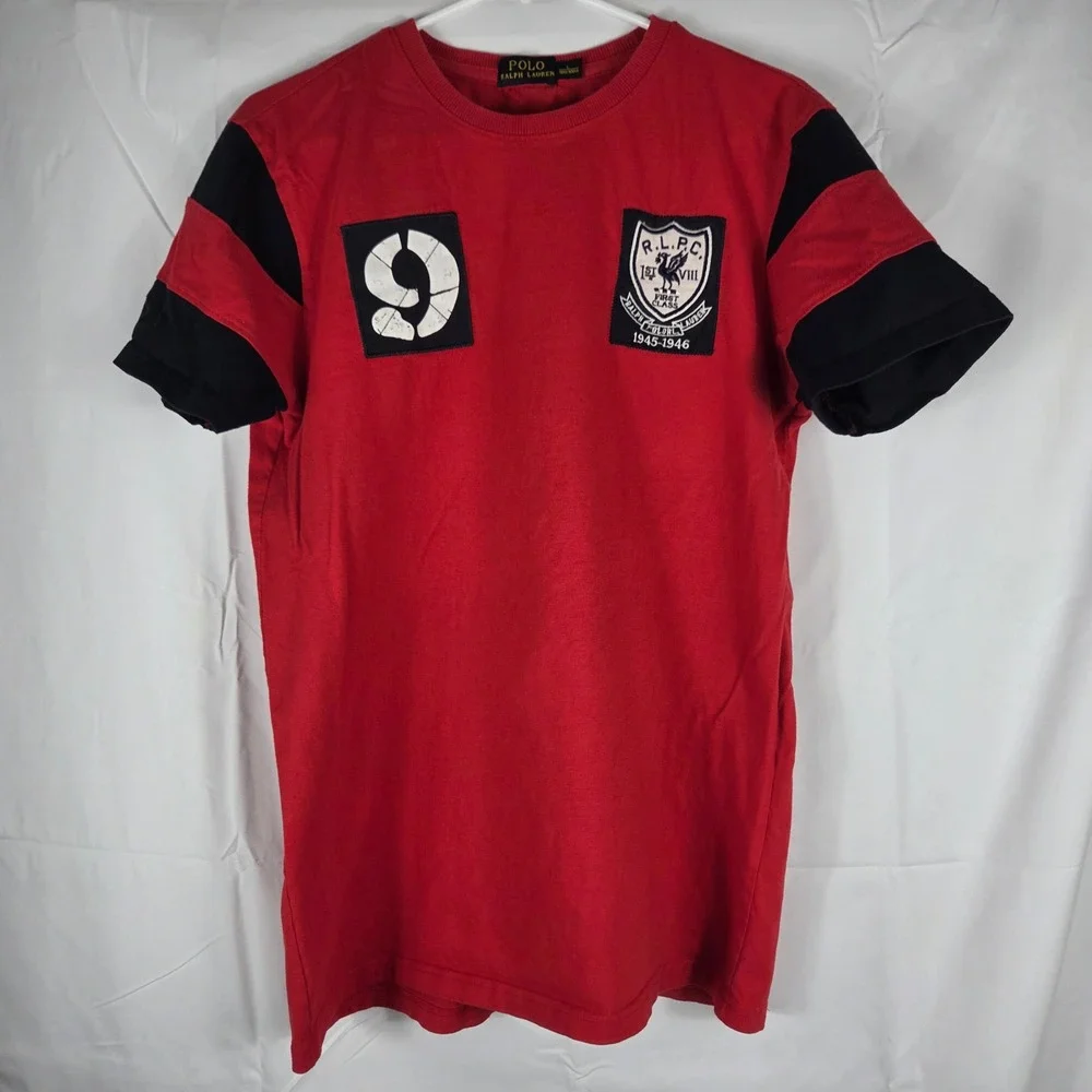 Polo Ralph Lauren Mens Red Black Stripe Sleeve Crest Graphic T-Shirt Large